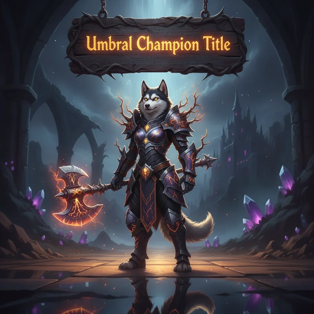 Fantasy artwork featuring an anthropomorphic Husky character in dark armor, representing the challenging process of earning the Umbral Champion title in WoW Midnight.