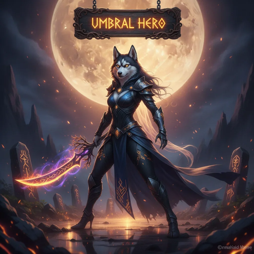 An anthropomorphic Husky character in fantasy armor stands in a dark, magical environment, representing Umbral Hero Boost content and character progression related to WoW Midnight.