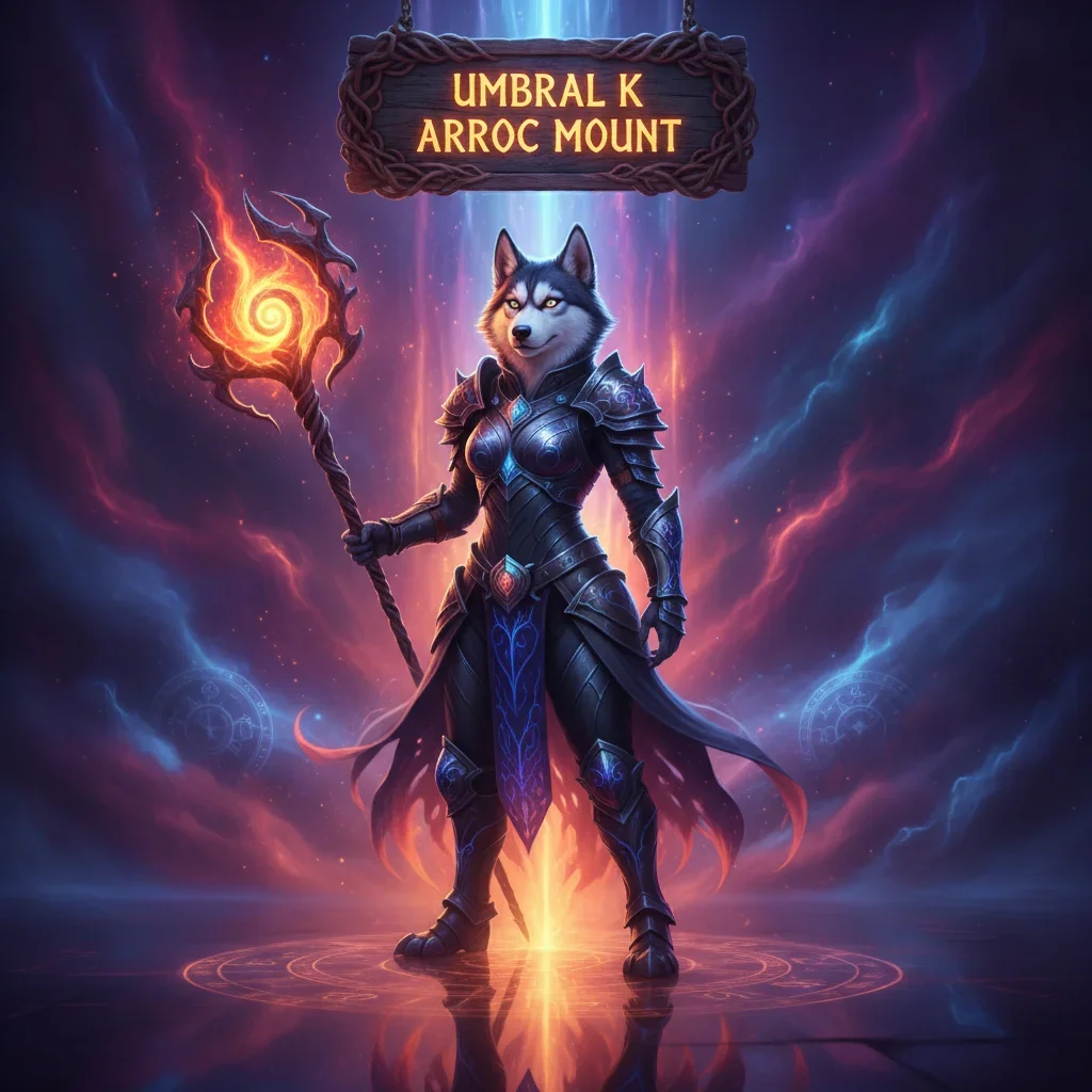 Fantasy artwork with an anthropomorphic Husky in detailed armor. It represents Umbral K Arroc mount acquisition content for the WoW Midnight expansion.