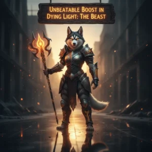 Anthropomorphic Husky in fantasy armor, standing in a challenging, game-inspired environment. Artwork themed around an unbeatable boost within Dying Light content.