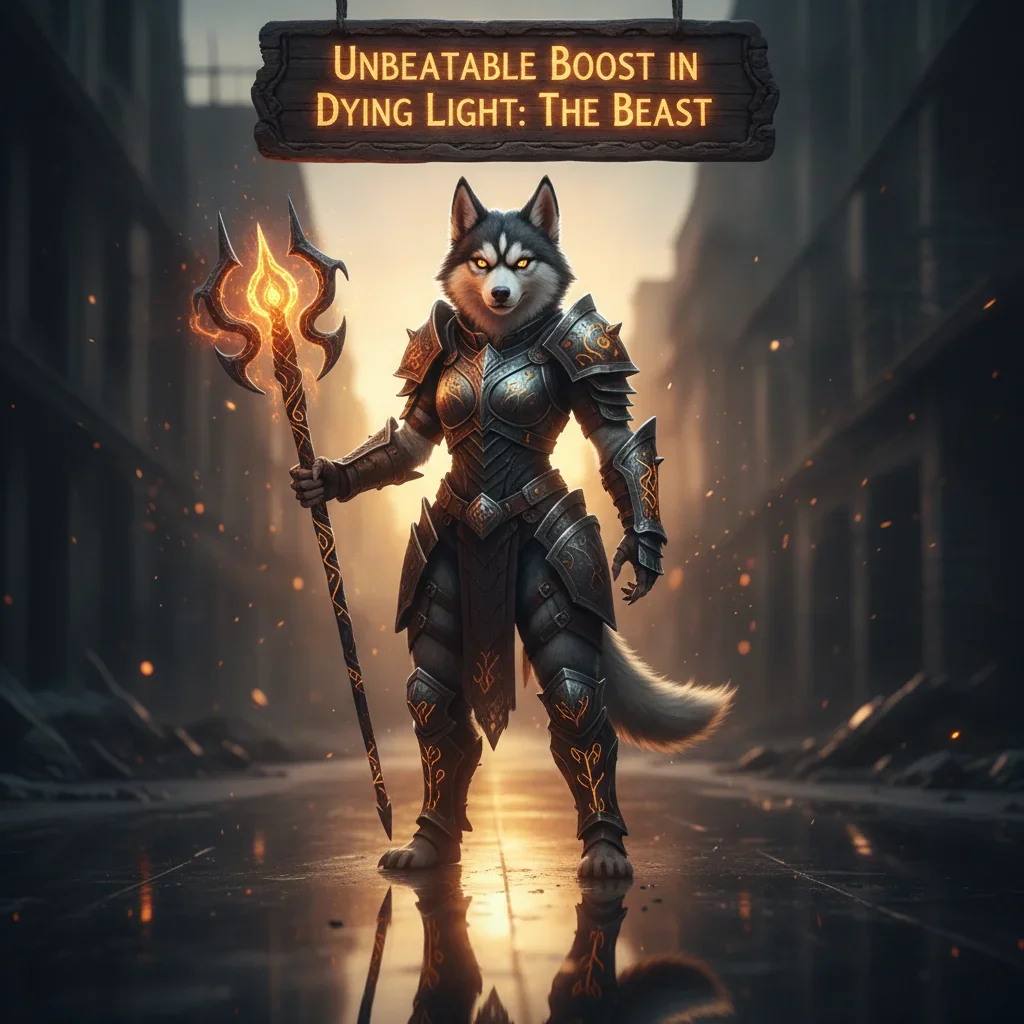 Anthropomorphic Husky in fantasy armor, standing in a challenging, game-inspired environment. Artwork themed around an unbeatable boost within Dying Light content.
