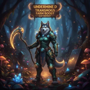 Fantasy artwork featuring an anthropomorphic husky character in ornate armor, representing Undermine D transmog farm content and cosmetic item collection in a dark dungeon environment.