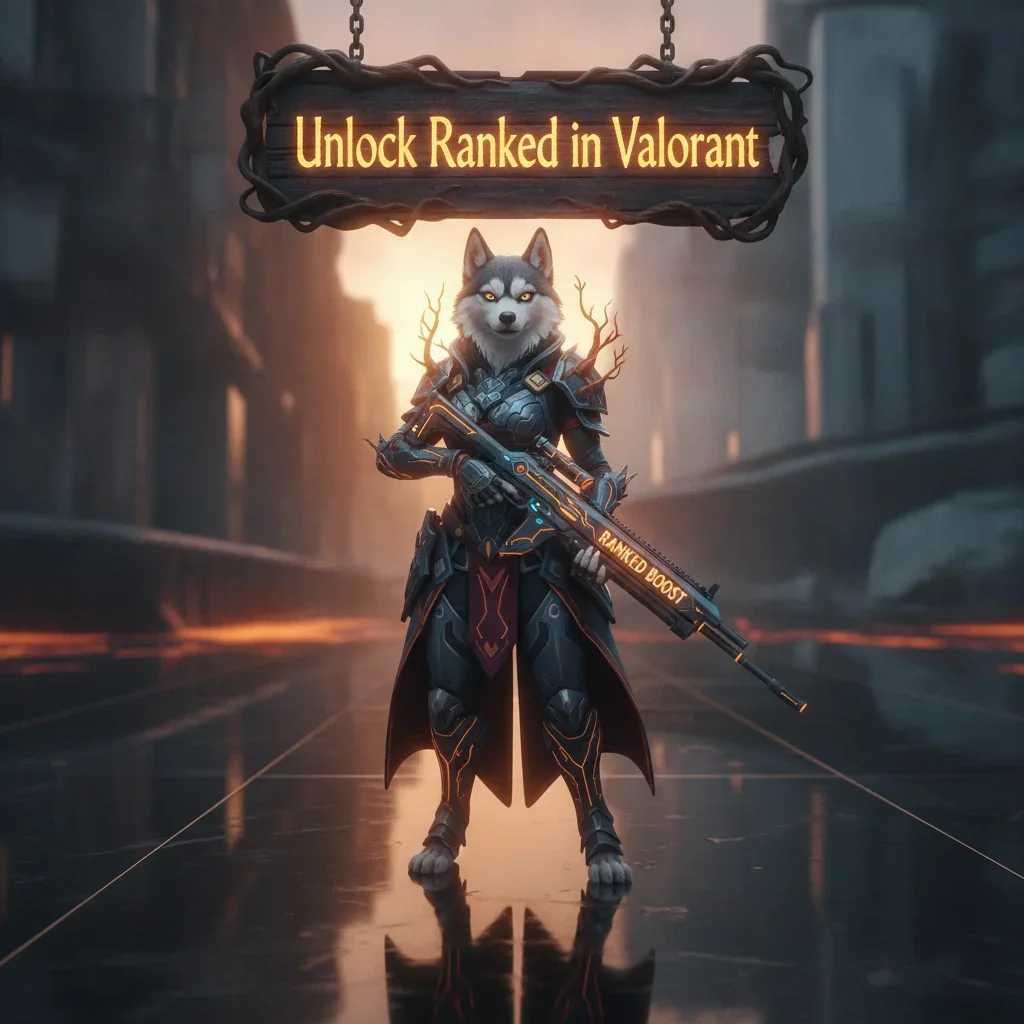 An anthropomorphic Husky in fantasy attire, amidst a mystical realm, embodying competitive ranked progression and unlocking higher tiers in a fantasy game.