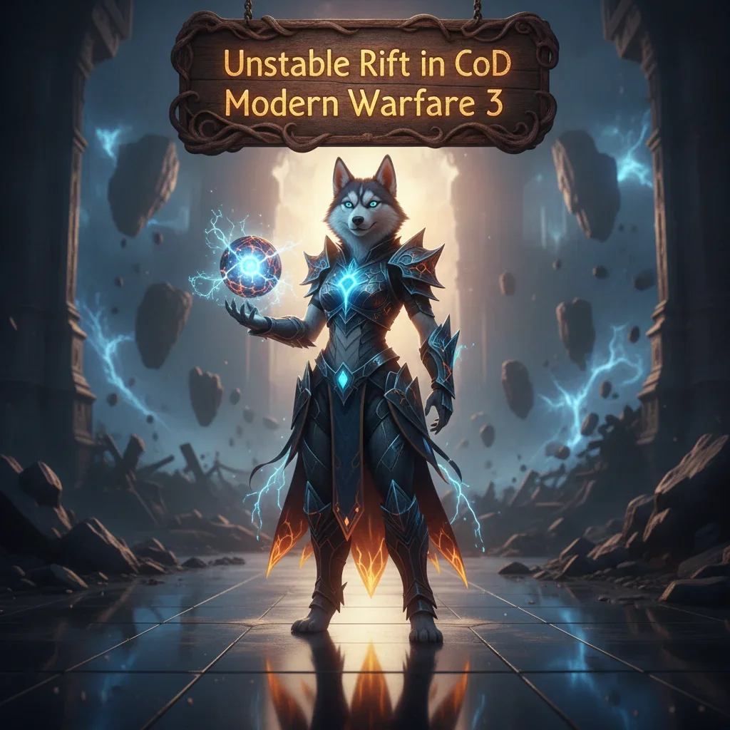 An anthropomorphic Husky character wearing fantasy armor stands before a glowing, unstable rift portal, representing challenging game content and objectives.