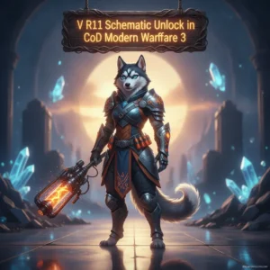 Fantasy artwork featuring an anthropomorphic Husky character in heroic fantasy armor, connected to V R11 Schematic unlock content and progression in Call of Duty: Modern Warfare 3.