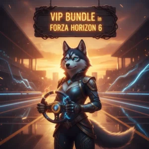 Anthropomorphic Husky character in fantasy artwork, themed around the VIP Bundle content and exclusive features of Forza Horizon 6, set in a magical environment.