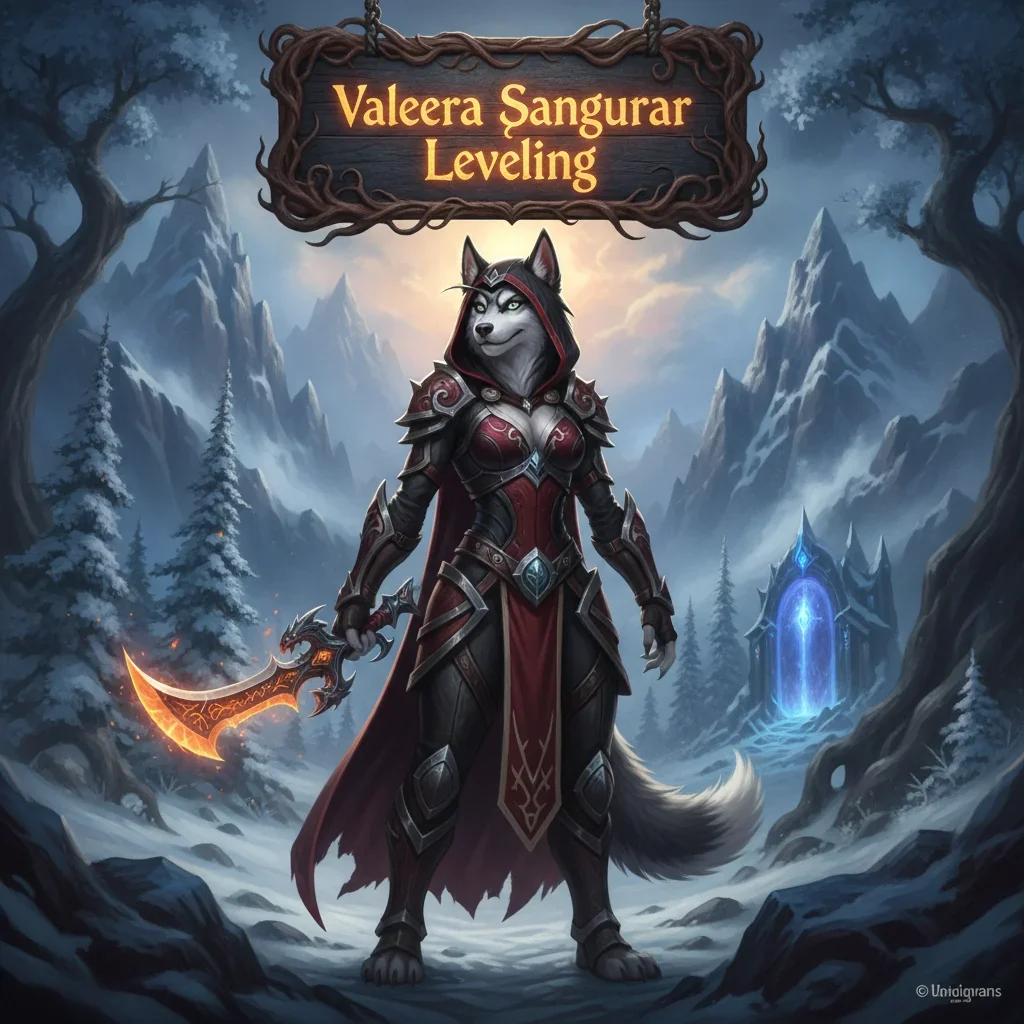 A fantasy game-inspired artwork featuring an anthropomorphic Husky character in fantasy attire, related to character leveling content and progression objectives themed around Valeera Sanguinar in a WoW Midnight setting.