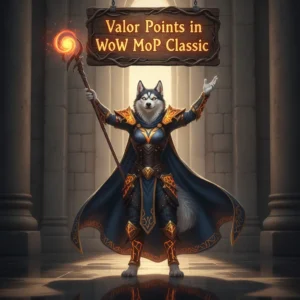 Fantasy artwork featuring an anthropomorphic Husky character in armor, themed around Valor Points acquisition in Mists of Pandaria Classic.
