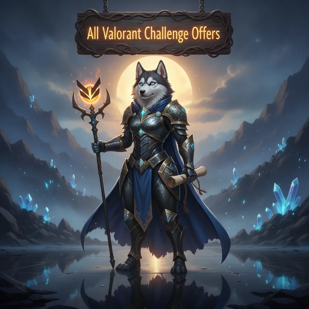Fantasy game artwork featuring an anthropomorphic Husky character in a stylized environment, representing Valorant challenges.