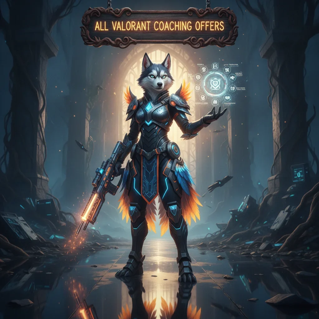 An anthropomorphic Husky character in fantasy attire, inspired by Valorant coaching services, set in a game-themed environment.
