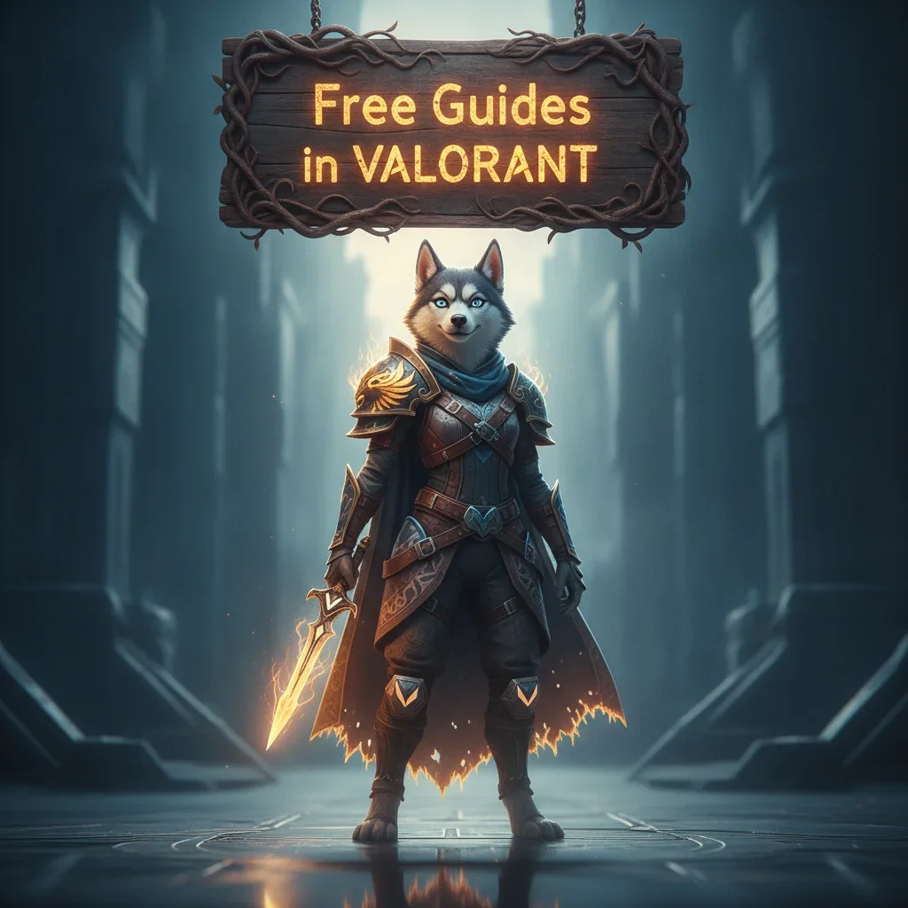 Fantasy artwork featuring an anthropomorphic Husky character in a dynamic pose, themed around Valorant game guides.