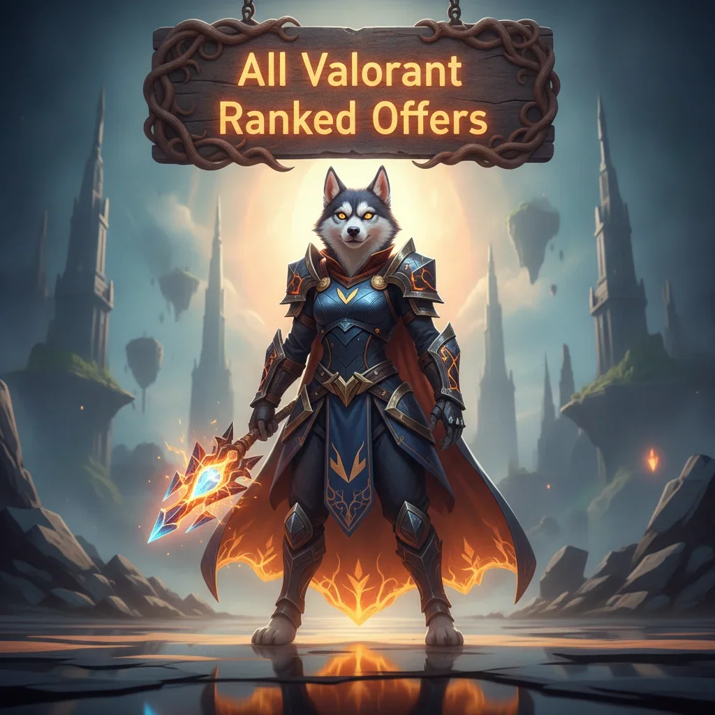 Anthropomorphic husky character in fantasy armor, representing Valorant ranked objectives and competitive play.