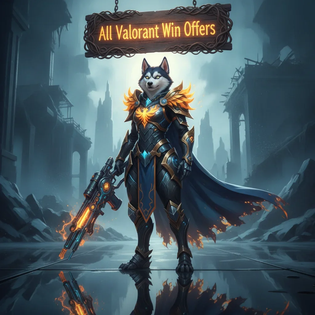 An anthropomorphic husky character in a fantasy setting, inspired by Valorant game wins and objective completion.