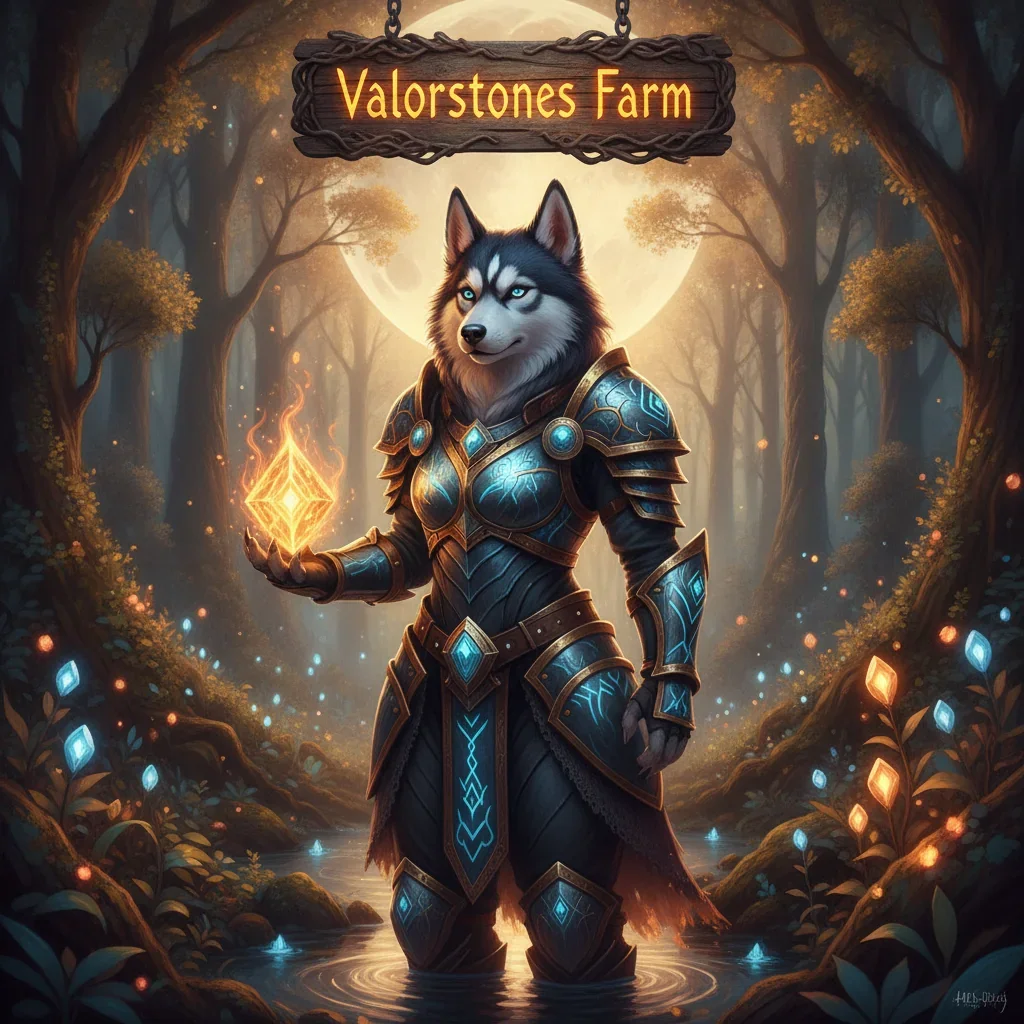 Anthropomorphic husky in fantasy attire, artwork inspired by Valorstones farming content and resource acquisition objectives in WoW Midnight.