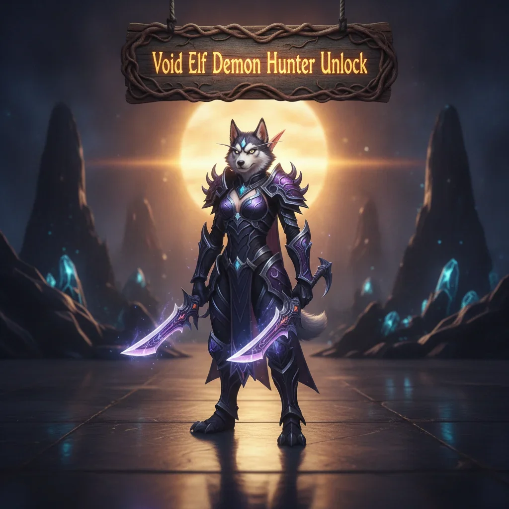 Anthropomorphic husky character in fantasy art, themed around Void Elf Demon Hunter unlock content and game progression objectives in WoW Midnight.