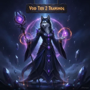 An anthropomorphic husky character stands adorned in an intricate, dark void-themed Tier 2 fantasy armor set within a mystical Midnight setting. The artwork represents collecting specific gear appearances.