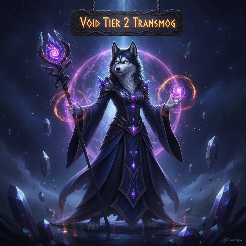 An anthropomorphic husky character stands adorned in an intricate, dark void-themed Tier 2 fantasy armor set within a mystical Midnight setting. The artwork represents collecting specific gear appearances.