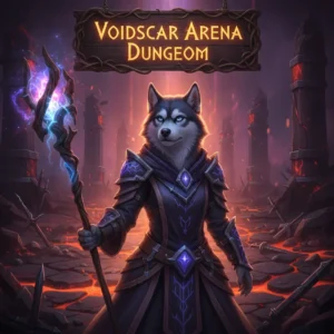 Fantasy artwork inspired by the Voidscar Arena dungeon content in WoW Midnight, featuring an anthropomorphic Husky character in themed attire within a dark, imposing arena environment.