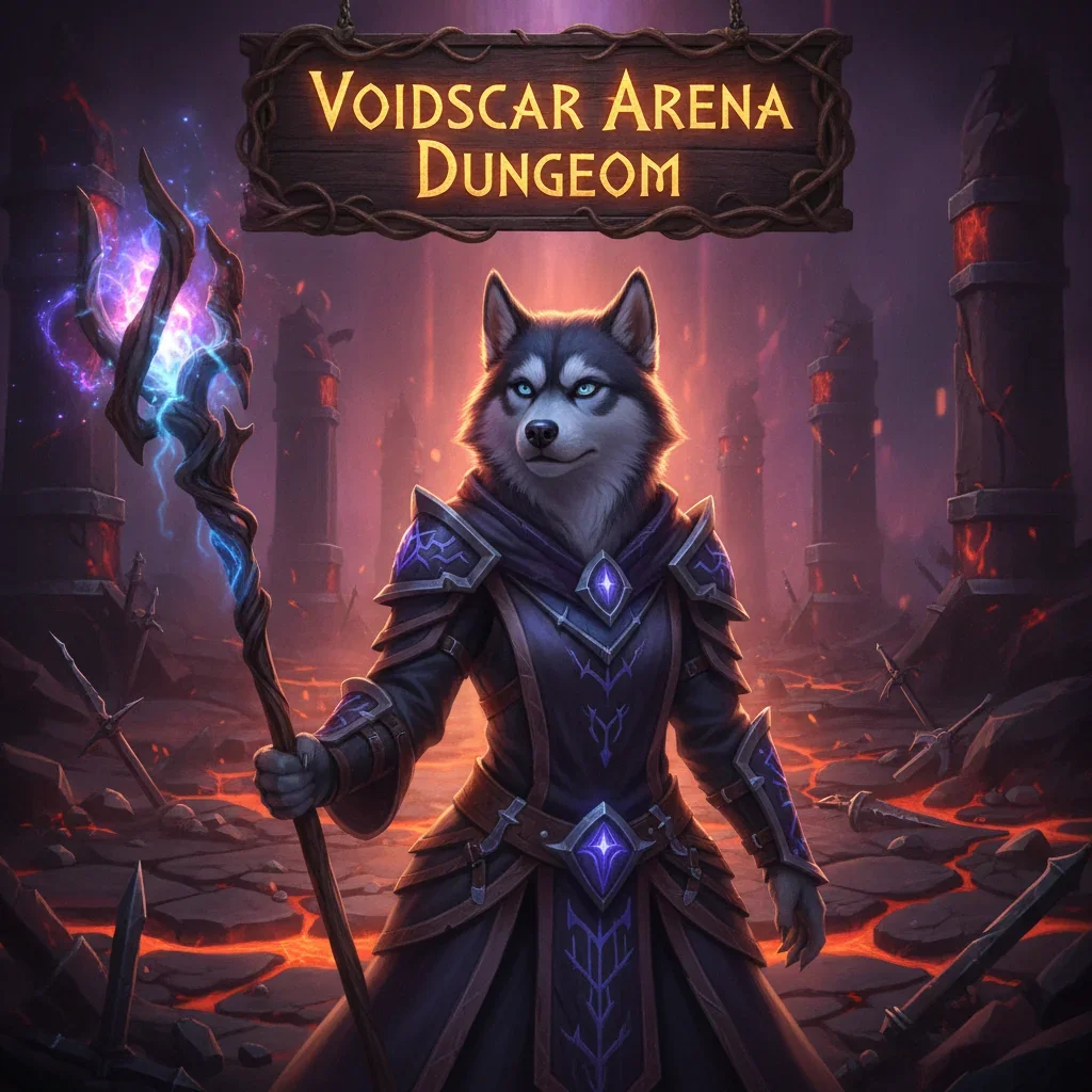 Fantasy artwork inspired by the Voidscar Arena dungeon content in WoW Midnight, featuring an anthropomorphic Husky character in themed attire within a dark, imposing arena environment.