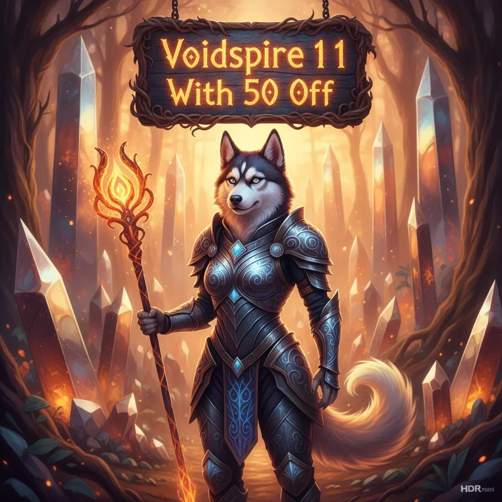 Fantasy artwork featuring an anthropomorphic Husky character in battle-ready armor, representing the Voidspire 1 1 challenge objectives and progression in the WoW Midnight setting.