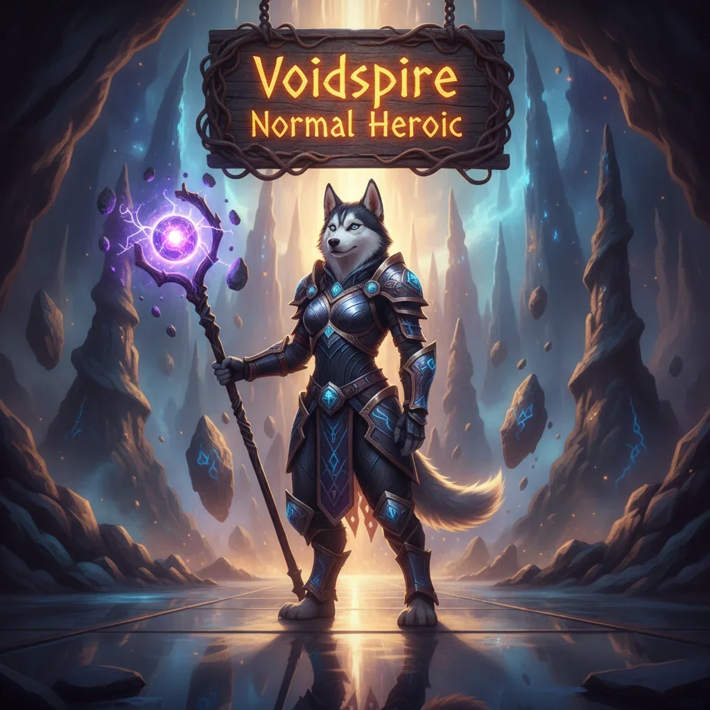 Fantasy artwork featuring an anthropomorphic Husky in themed armor within a dramatic, imposing environment, inspired by Voidspire Normal and Heroic content.