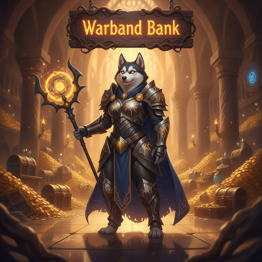 Fantasy artwork depicting an anthropomorphic husky character in a grand, treasure-filled vault, representing Warband Bank expansion content and financial progression in WoW Midnight.