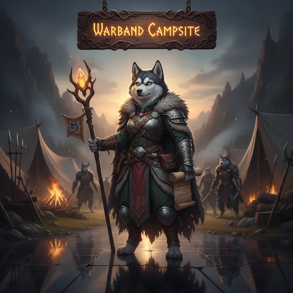 A fantasy game-inspired artwork featuring an anthropomorphic husky character in a campsite setting.