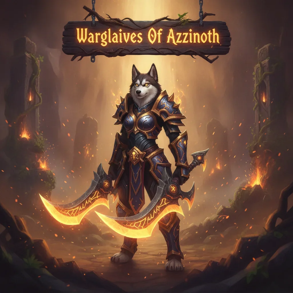 Anthropomorphic Husky in fantasy armor within a dark, game-inspired world, representing the acquisition of legendary Warglaives of Azzinoth in World of Warcraft content.