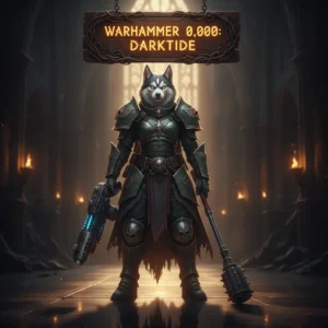 A fantasy game-inspired image featuring an anthropomorphic Husky character in armor, representing Warhammer 40,000: Darktide service themes.