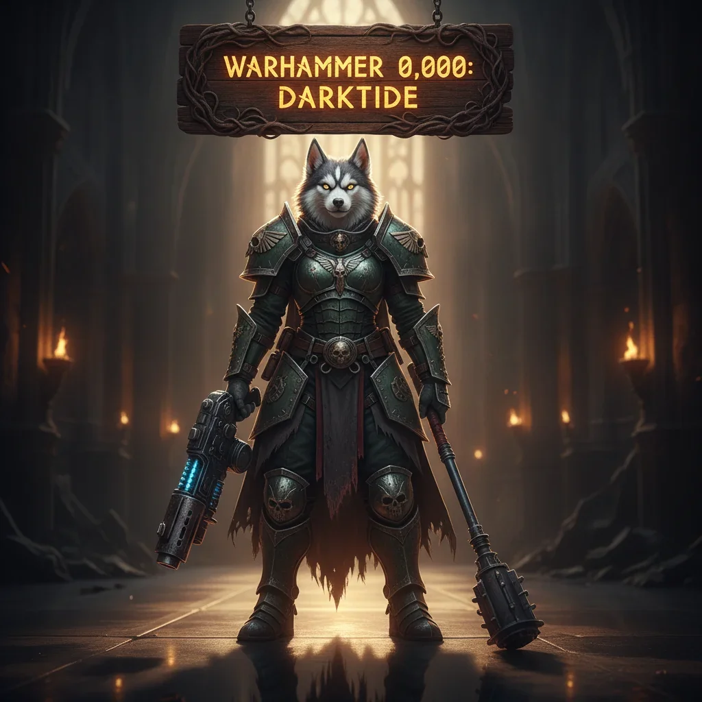 A fantasy game-inspired image featuring an anthropomorphic Husky character in armor, representing Warhammer 40,000: Darktide service themes.