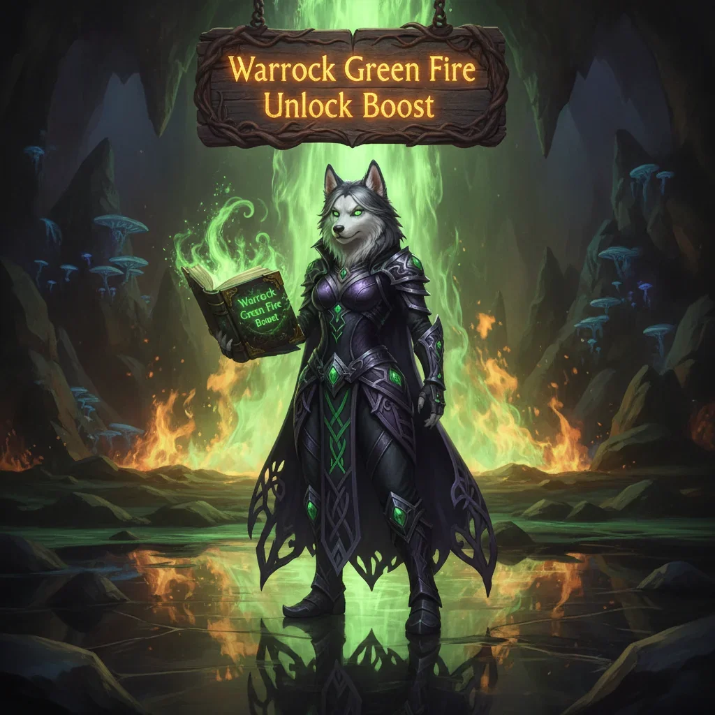 An anthropomorphic Husky character in warlock robes, representing the challenge to unlock Green Fire in WoW MoP Classic. The fantasy artwork captures the essence of this unique questline and its magical rewards.
