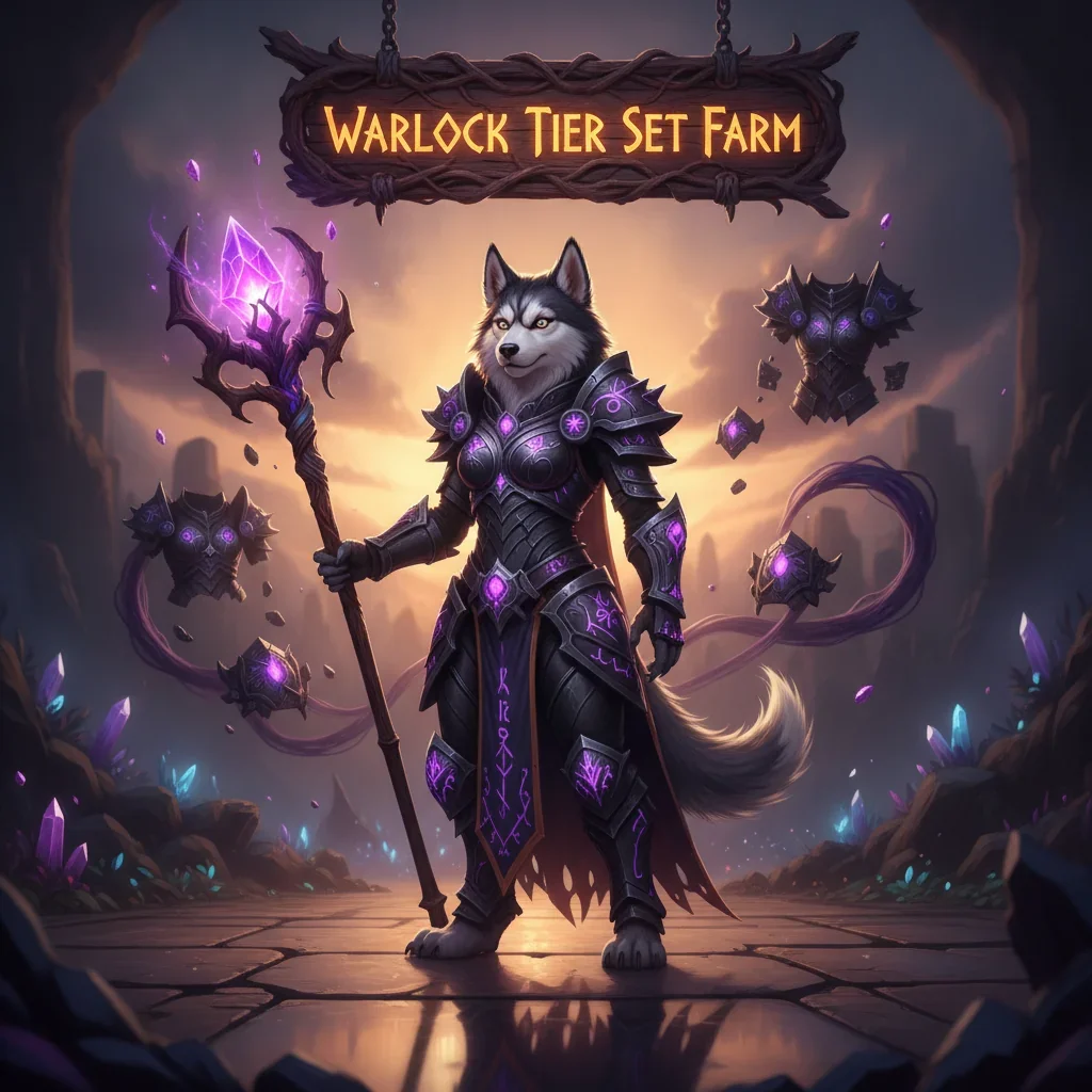 Fantasy artwork featuring an anthropomorphic Husky character in dark Warlock-style robes, set in a mystical game environment, representing Warlock Tier Set farming content for character customization.