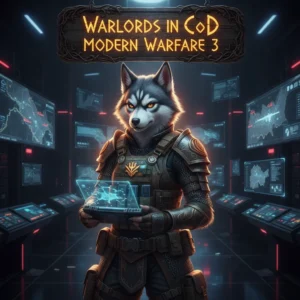 Fantasy game artwork featuring an anthropomorphic Husky character in warrior armor, inspired by CoD Modern Warfare 3 Warlords content and related challenges.