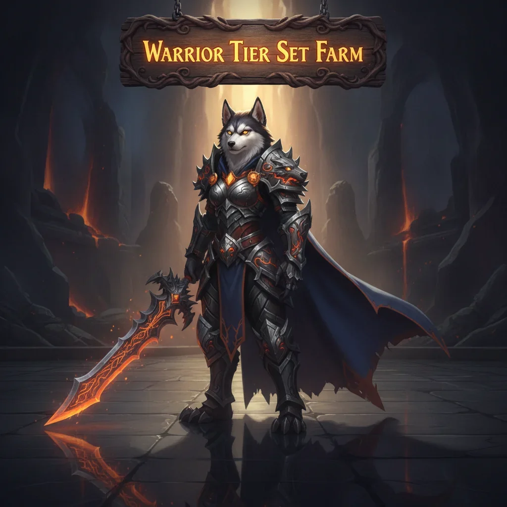 Artwork featuring an anthropomorphic Husky warrior character in fantasy armor, themed around farming for a Warrior Tier Set in WoW Midnight.
