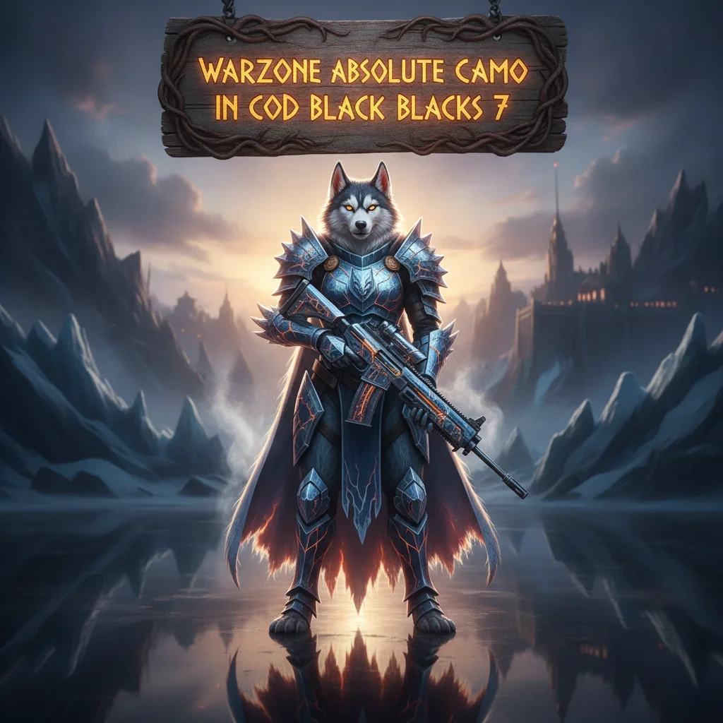 An anthropomorphic husky character in fantasy attire with frosty details, depicted in a magical, ice-themed environment, representing Absolute Zero camo objectives.