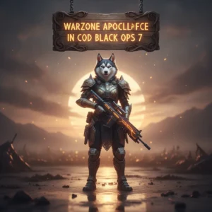 Anthropomorphic Husky character in fantasy armor set against a desolate, apocalyptic background. Artwork representing cosmetic unlocks and weapon customization content, such as an Apocalypse Camo, in a fantasy game.