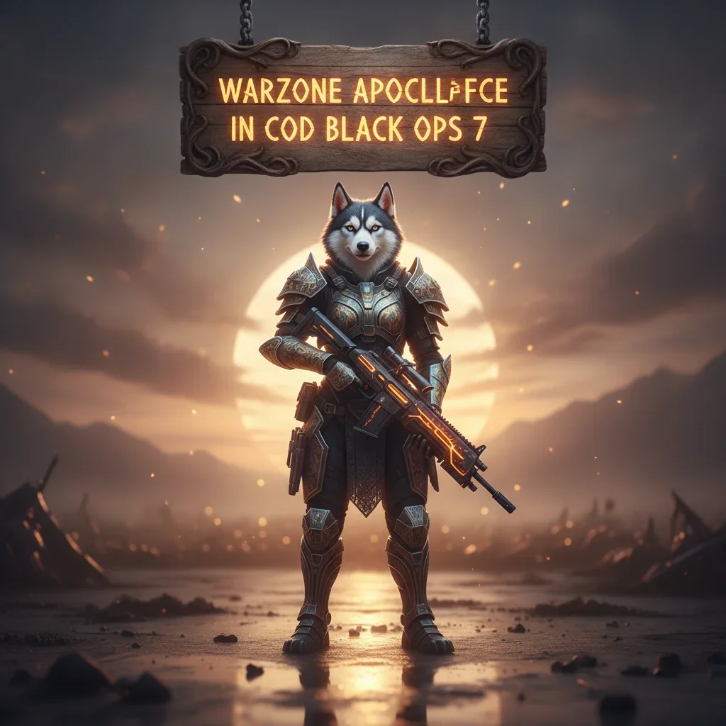 Anthropomorphic Husky character in fantasy armor set against a desolate, apocalyptic background. Artwork representing cosmetic unlocks and weapon customization content, such as an Apocalypse Camo, in a fantasy game.