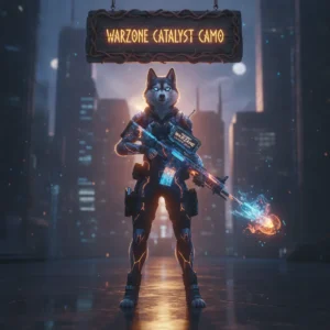 Anthropomorphic Husky in fantasy armor, inspired by Call of Duty Black Ops 6 Catalyst Camo content and unlock objectives, within a dark, mystical game environment.