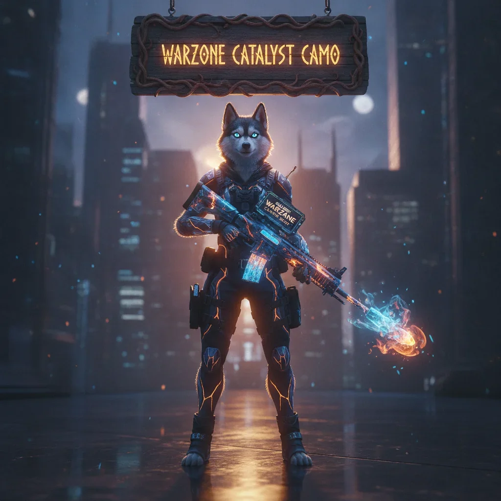Anthropomorphic Husky in fantasy armor, inspired by Call of Duty Black Ops 6 Catalyst Camo content and unlock objectives, within a dark, mystical game environment.