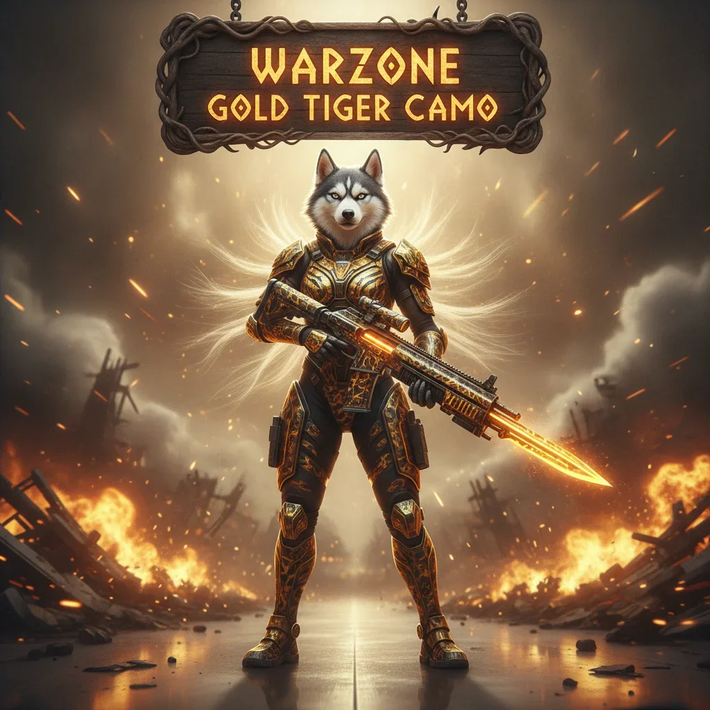A fantasy game-inspired image featuring a majestic anthropomorphic husky character, themed around Warzone Gold Tiger Camo rewards and challenges.
