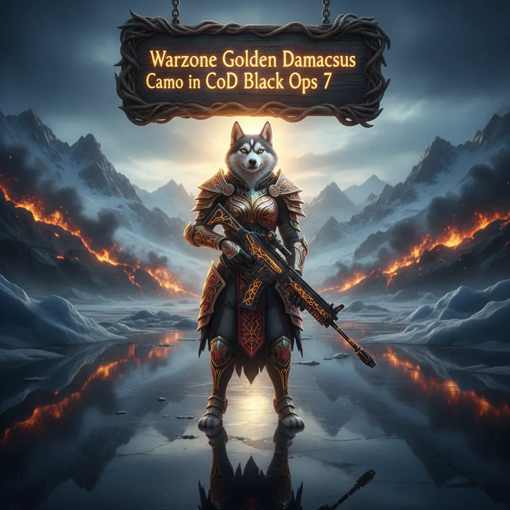 An anthropomorphic husky character in fantasy armor, representing the achievement of golden weapon camouflage and challenging cosmetic objectives within a fantasy game setting.