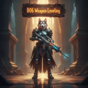 Anthropomorphic husky character in fantasy armor and a themed outfit, set in a mystical game environment, representing weapon leveling content.