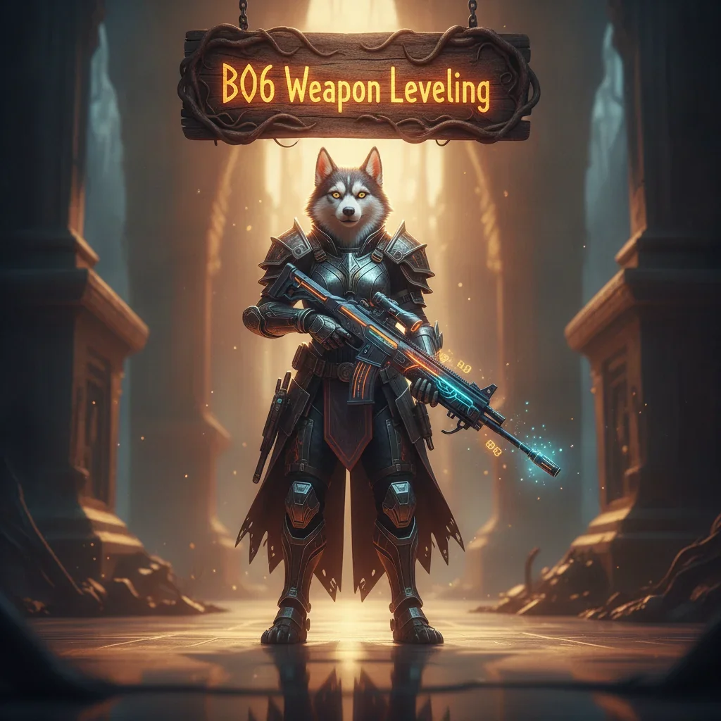 Anthropomorphic husky character in fantasy armor and a themed outfit, set in a mystical game environment, representing weapon leveling content.