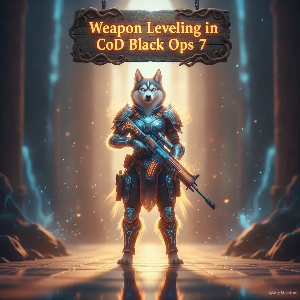An anthropomorphic Husky character in elaborate fantasy armor, set in a mystical environment, related to weapon enhancement content and game progression systems.
