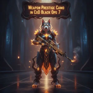 A fantasy game-inspired artwork featuring an anthropomorphic husky character in an elaborate themed outfit, representing weapon prestige camo unlock content and related challenges.