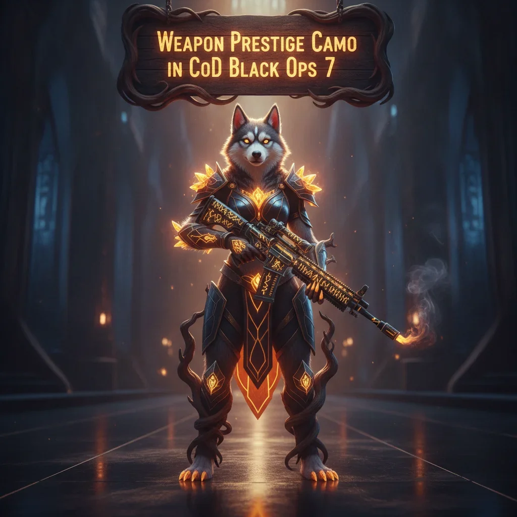 A fantasy game-inspired artwork featuring an anthropomorphic husky character in an elaborate themed outfit, representing weapon prestige camo unlock content and related challenges.