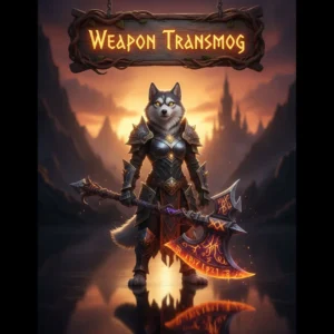 An anthropomorphic Husky character in fantasy armor standing in a mystical Midnight-themed environment, representing weapon transmogrification content and cosmetic upgrades in a fantasy game.