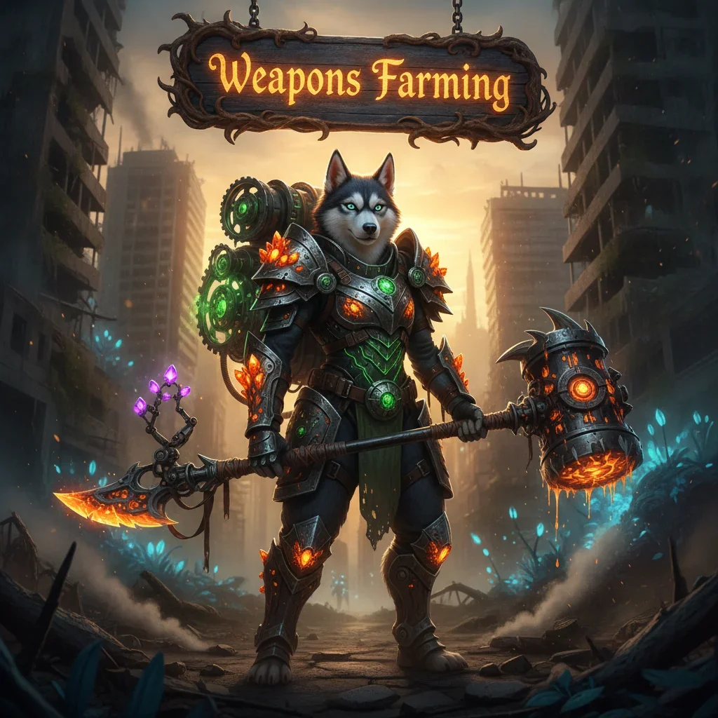 An anthropomorphic Husky character in fantasy armor stands in a game-inspired environment, representing weapons farming objectives and challenging content related to "The Beast."