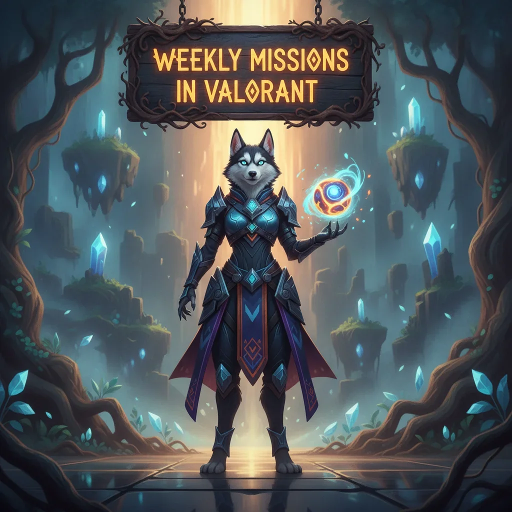 Fantasy game-inspired artwork featuring an anthropomorphic Husky character in themed armor, representing weekly mission content and objective-based challenges in a dynamic game world.