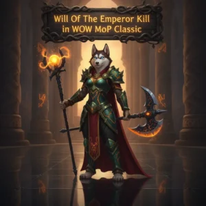 Fantasy artwork of an anthropomorphic husky in armor, themed around the 'Will of the Emperor' content in WoW Mists of Pandaria Classic.